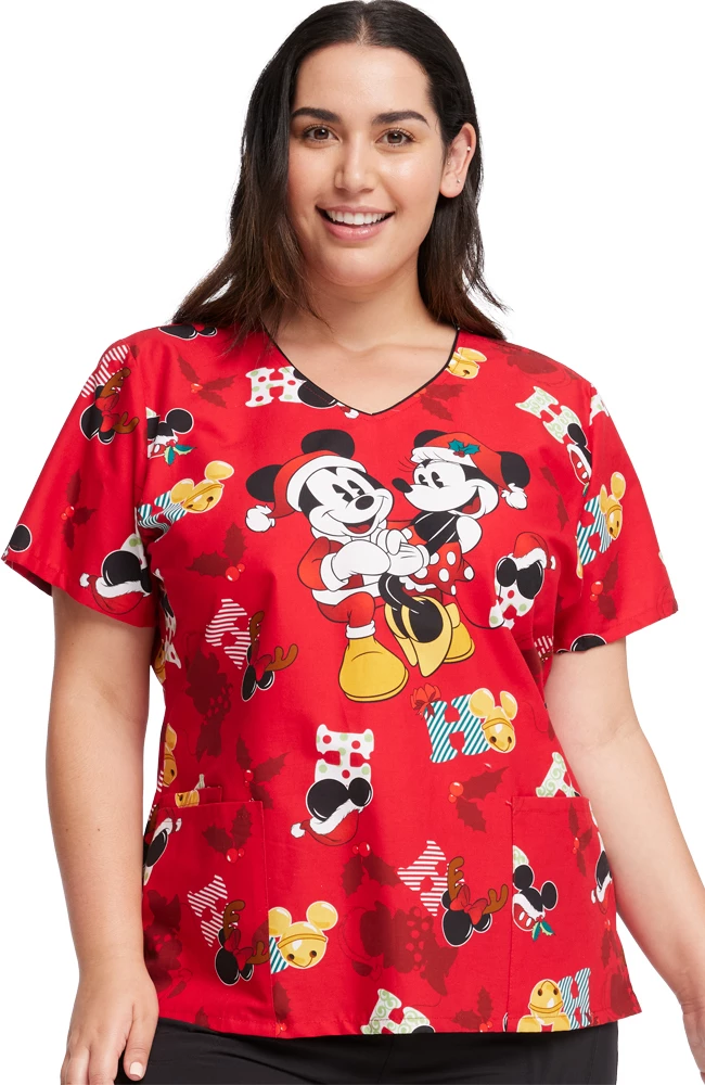 Cherokee Women's Mickey Holiday Cheer Print Scrub Top