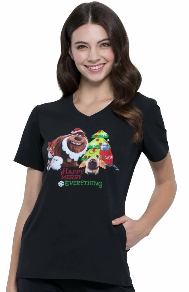 Cherokee Clearance Women's V-Neck Holly Jolly Pets Print Scrub Top
