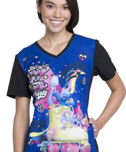 Cherokee Clearance Women's V-Neck Knit Panel Trolls Print Scrub Top