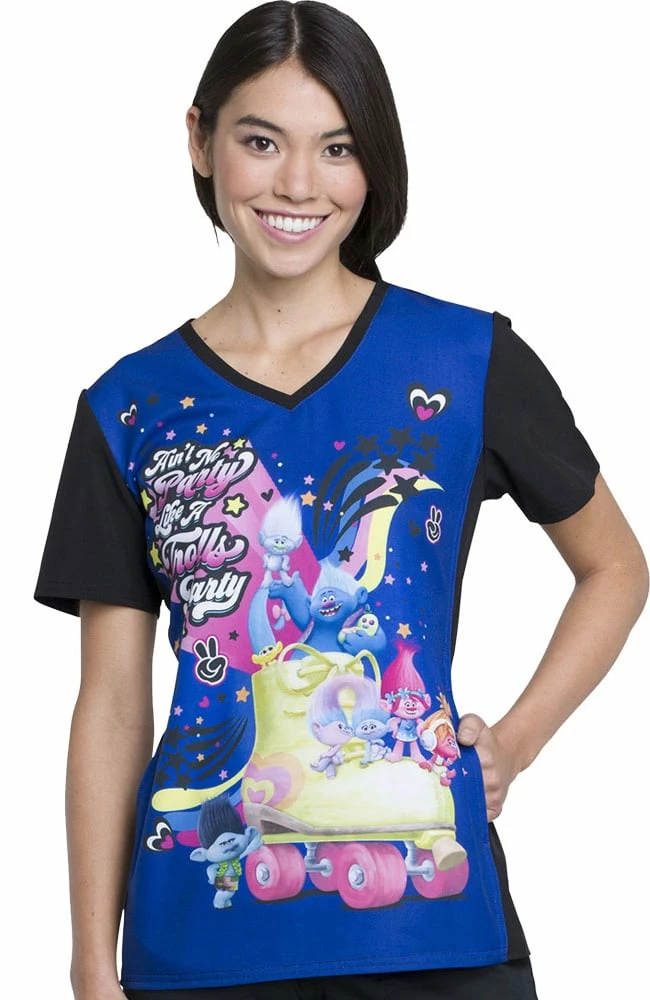 Cherokee Clearance Women's V-Neck Knit Panel Trolls Print Scrub Top