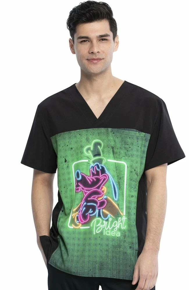 Cherokee Clearance Men's Goofy Neon Print Scrub Top