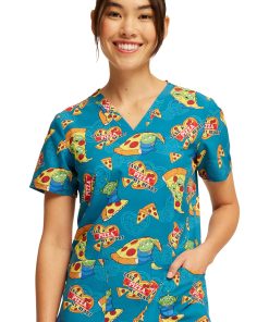 Cherokee Women's Pizza My Heart Alien Print Scrub Top