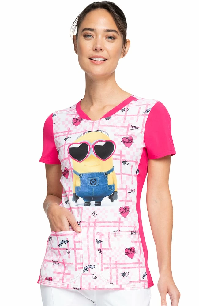 Cherokee Clearance Women's Smitten Minion Print Scrub Top