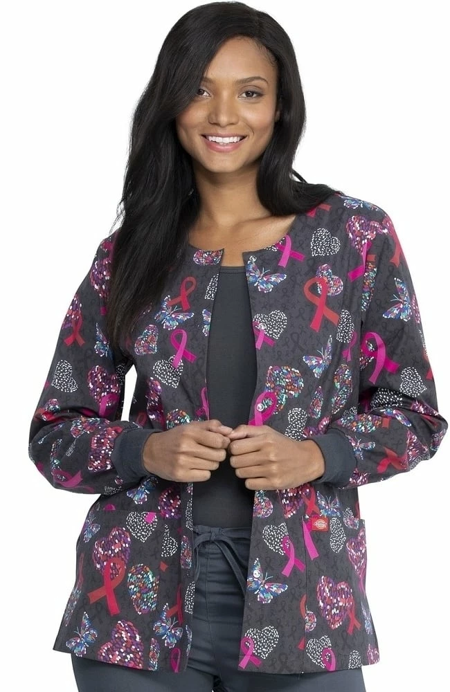 Dickies Clearance Women's Snap Front Speck-Tacular Love Print Scrub Jacket