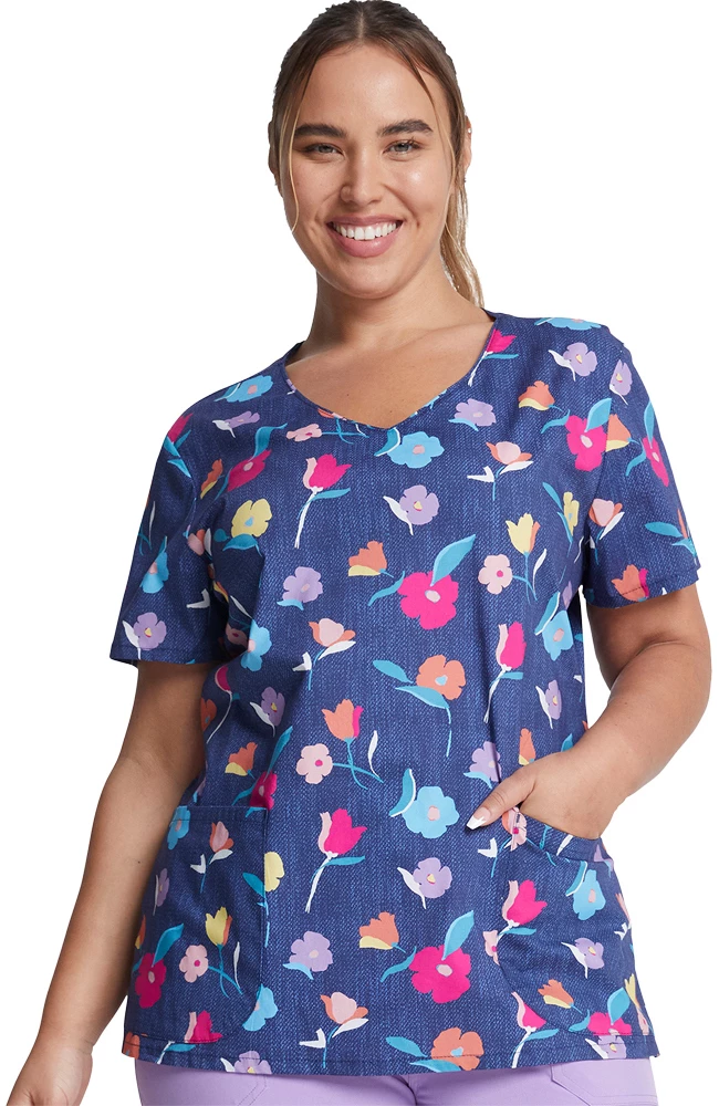 Dickies Clearance Women's Denim Garden Print Scrub Top