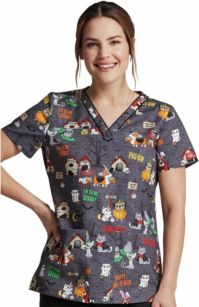 Dickies Clearance Women's Howl-Oween Friends Print Scrub Top
