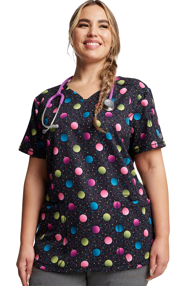 Dickies Women's V-Neck Dot's Poppin' Print Scrub Top