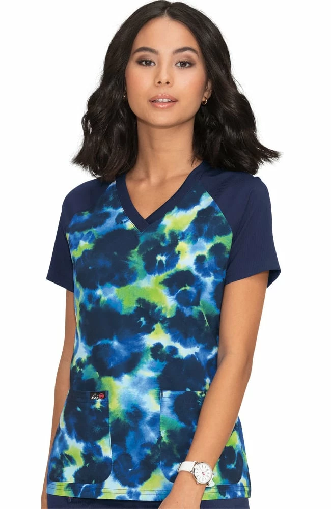 Koi Clearance Women's Journey Cheetah Tie Dye Green Tea Print Scrub Top