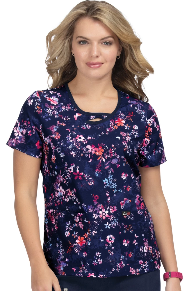 Koi Clearance Women's Lola Keyhole Neck Butterfly Dream Print Scrub Top