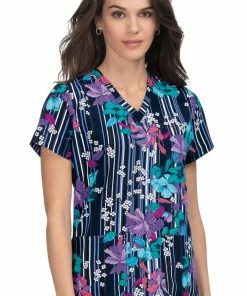 Koi Clearance Women's Early Energy Striped Floral Print Scrub Top
