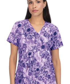 Koi Clearance Women's Early Energy Watercolor Botanical Wisteria Print Scrub Top