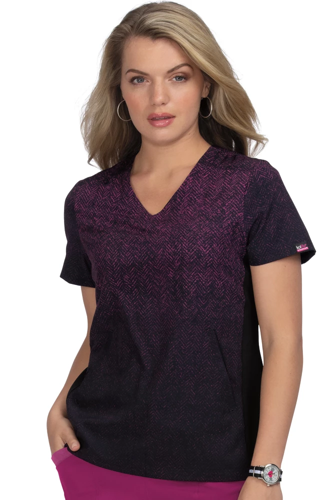 Koi Clearance Women's Passion Herringbone Raspberry Ombre Print Scrub Top