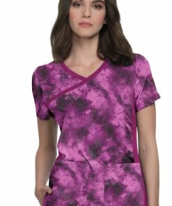 Koi Clearance Women's Raquel Mock Wrap Heather Raspberry Tie Dye Print Scrub Top