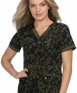 Koi Clearance Women's Hustle & Heart Tonal Cheetah Olive Print Scrub Top