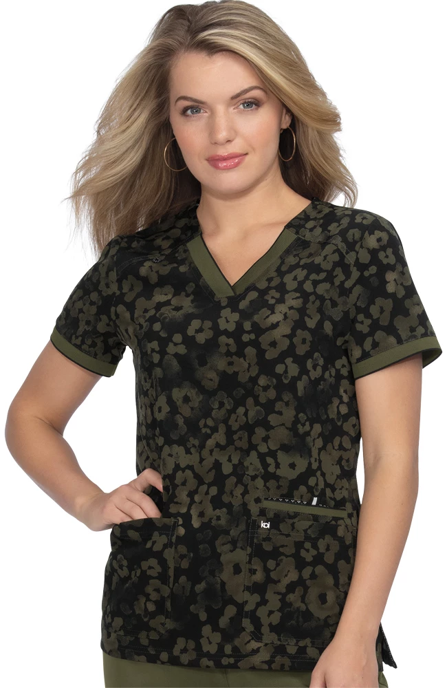 Koi Clearance Women's Hustle & Heart Tonal Cheetah Olive Print Scrub Top