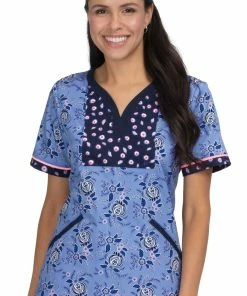 Koi Clearance Women's Lennon Heart Shaped Neck Vintage Floral Print Scrub Top