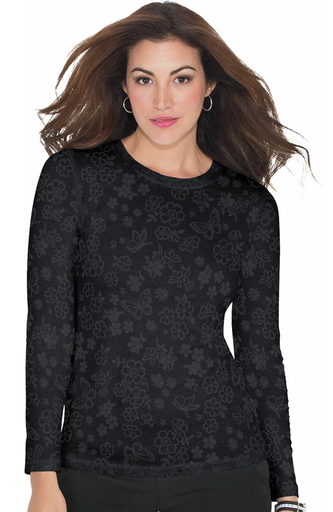Koi Women's Presley Flower Shower Burnout Black Print Underscrub T-Shirt