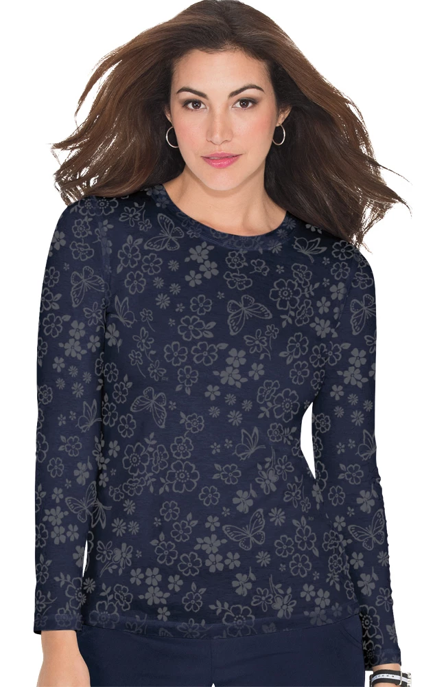 Koi Women's Presley Flower Shower Navy Burnout Print Underscrub T-Shirt