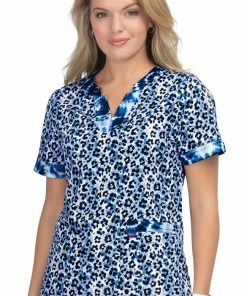 Koi Clearance Women's Elena Tie Dye Leopard Blue Print Scrub Top