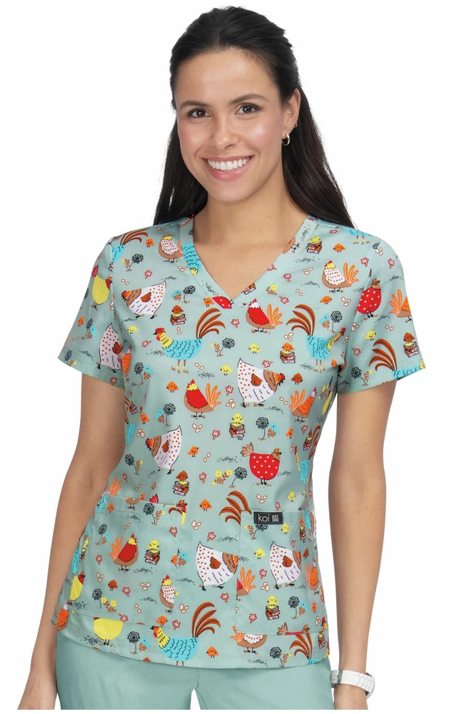 Koi Clearance Women's Leslie Chicks With Glasses Print Scrub Top