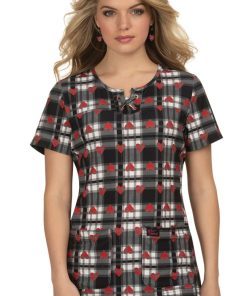 Koi Clearance Women's Clover Heart Plaid Print Scrub Top