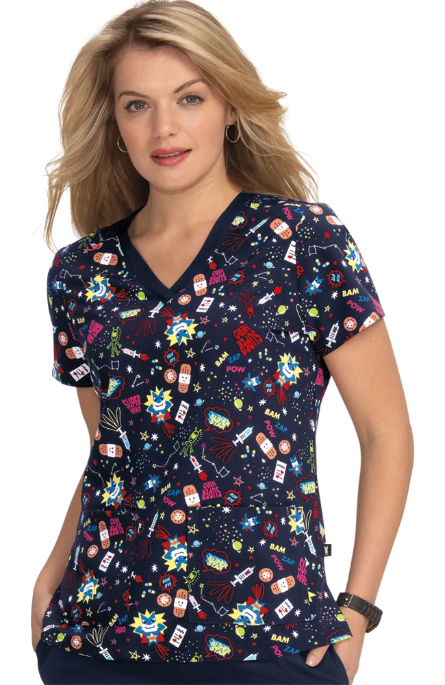 Koi Clearance Women's Lulu Super Hero Print Scrub Top