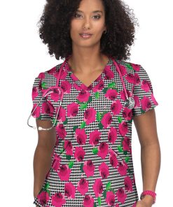 Koi Clearance Women's Doll Houndstooth Rose Print Scrub Top