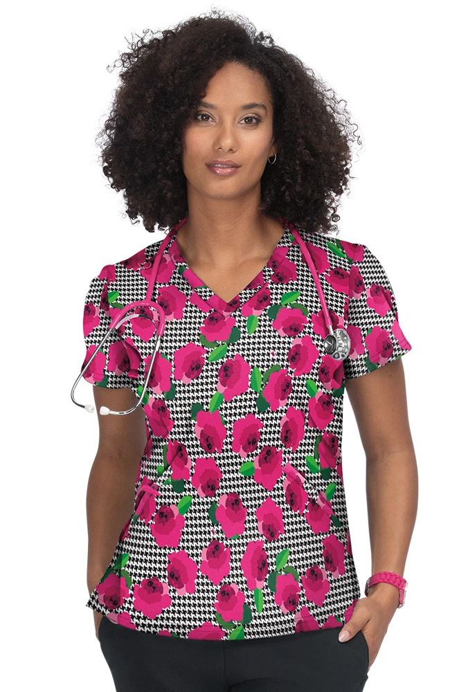 Koi Clearance Women's Doll Houndstooth Rose Print Scrub Top