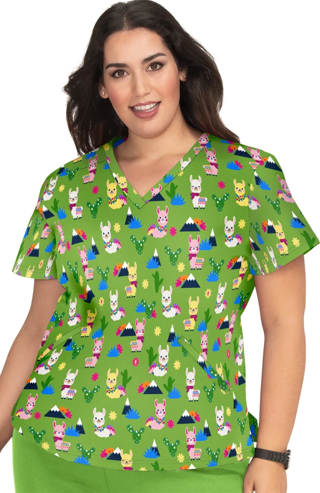 Koi Women's Doll V-Neck Spring Llama Print Scrub Top