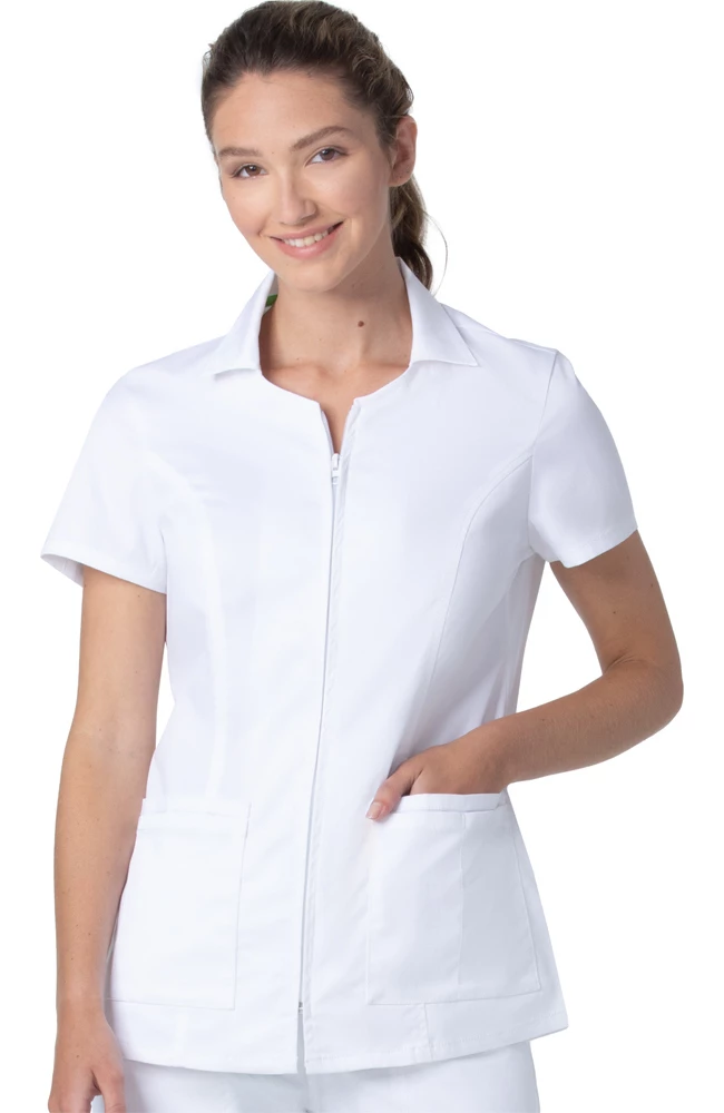 Landau Women's Collared Zip Front Solid Scrub Top
