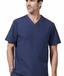 Medelita Men's V-Neck Chest Pocket Solid Scrub Top