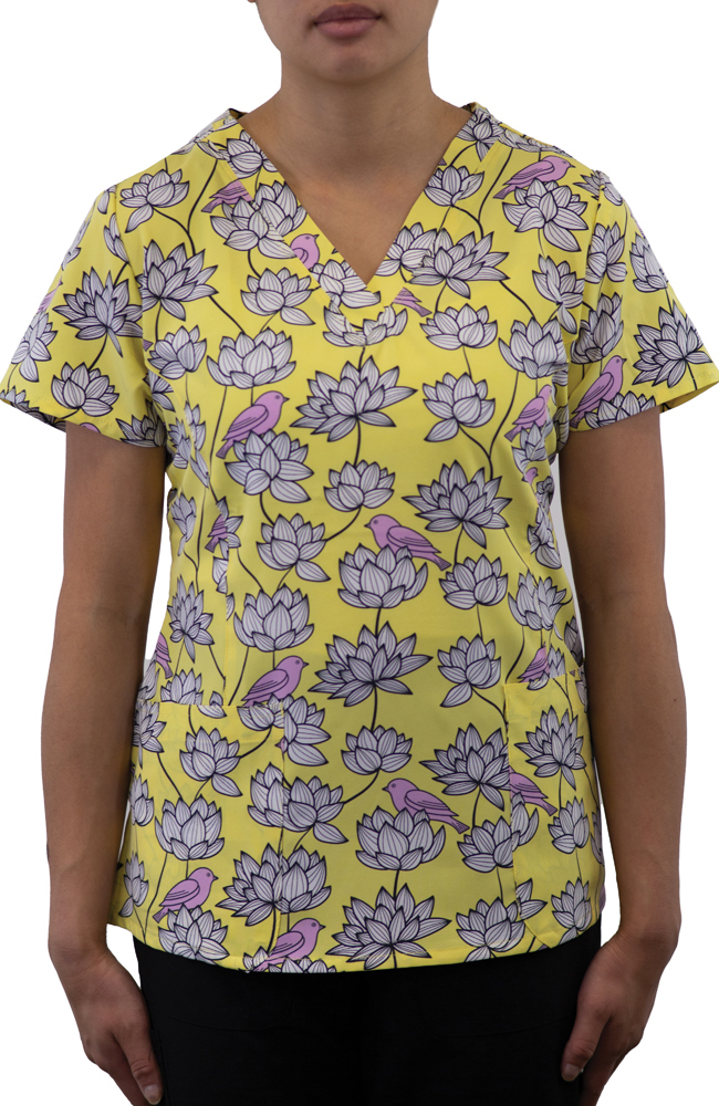 Women's Curved V-Neck Birds In Bloom Print Top Maevn Uniforms Women's Curved V-Neck Birds In Bloom Print Top -Silverts-shop 1 mv 1767 printbib 650