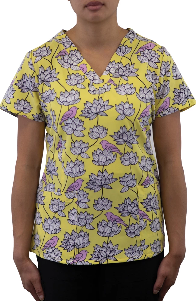 Maevn Uniforms Women's Curved V-Neck Birds In Bloom Print Top