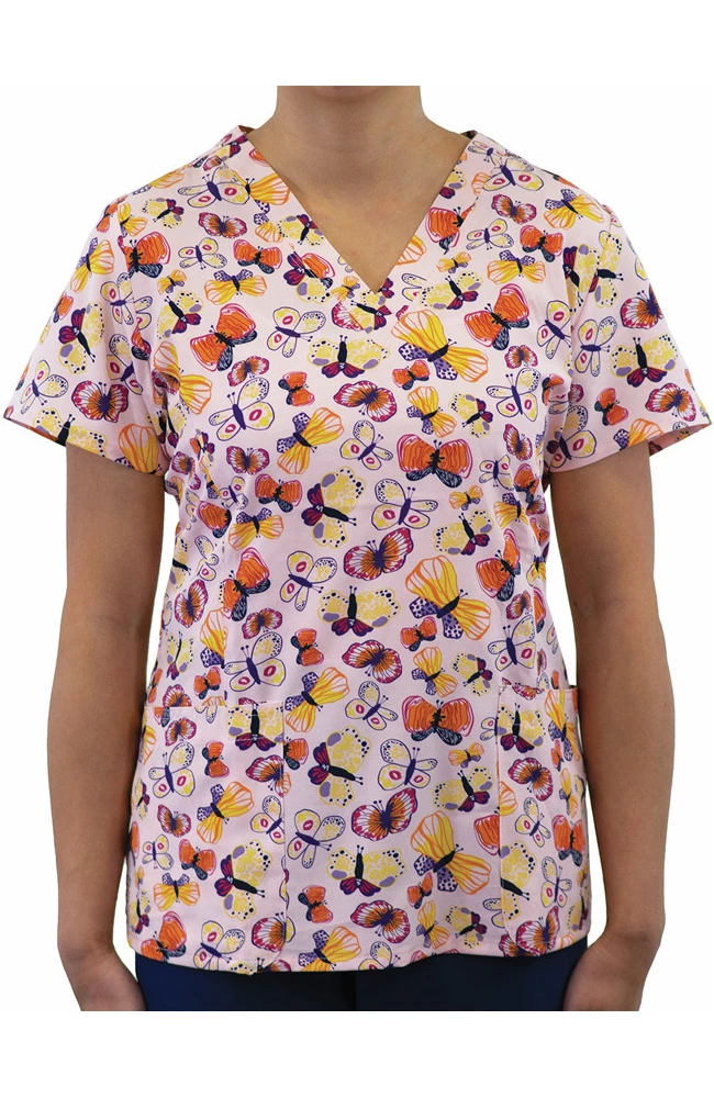 Maevn Uniforms Women's Candy Of Butterfly Print Scrub Top
