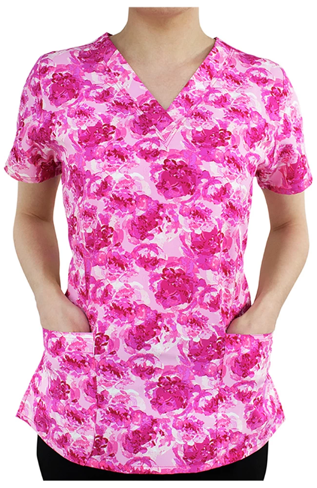 Maevn Uniforms Clearance Women's Peony Pink Print Scrub Top
