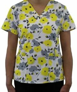 Maevn Uniforms Clearance Women's Curved V-Neck Sunshine Blossoms Print Top