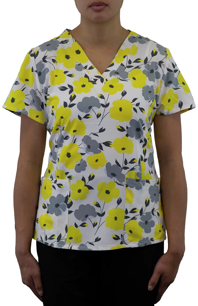 Maevn Uniforms Women's Curved V-Neck Sunshine Blossoms Print Top