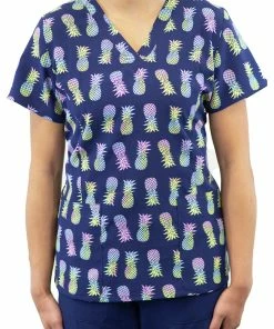 Maevn Uniforms Women's Curved V-Neck Tropical Paradise Print Top