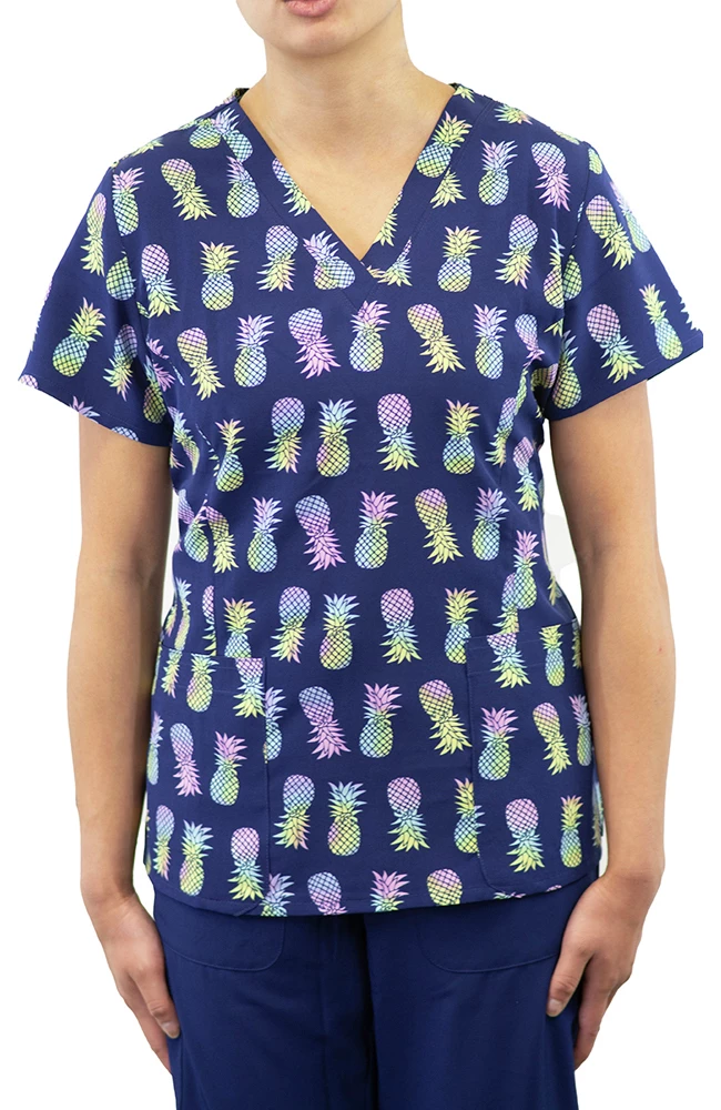 Maevn Uniforms Women's Curved V-Neck Tropical Paradise Print Top