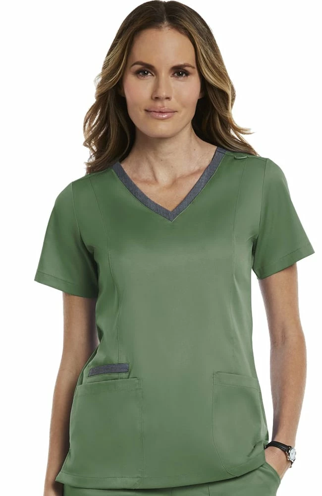 Maevn Uniforms Women's Contrast Double V-Neck Solid Scrub Top