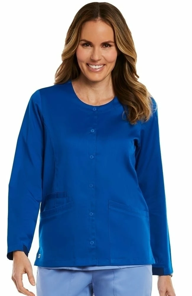 Maevn Uniforms Women's Round Neck Snap Front Solid Scrub Jacket