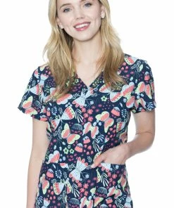 Med Couture Women's Vicky Butterfly Friends Print Scrub Top