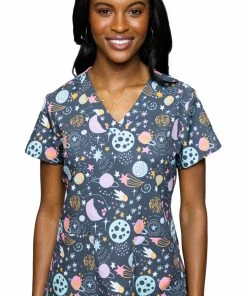 Med Couture Women's Vicky Cosmic Cuteness Print Scrub Top