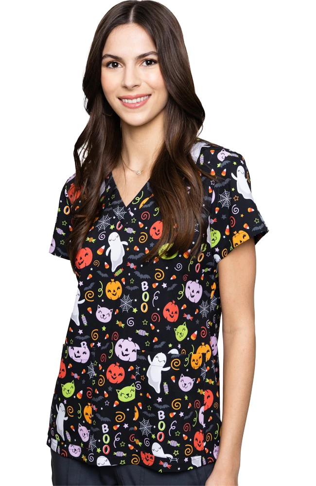Med Couture Women's Vicky Halloween Party Print Scrub Top