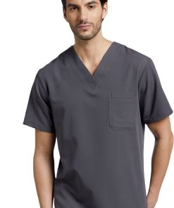 White Cross Men's V-Neck Chest Pocket Solid Scrub Top
