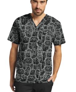 White Cross Clearance Men's River Stone Black Print Scrub Top