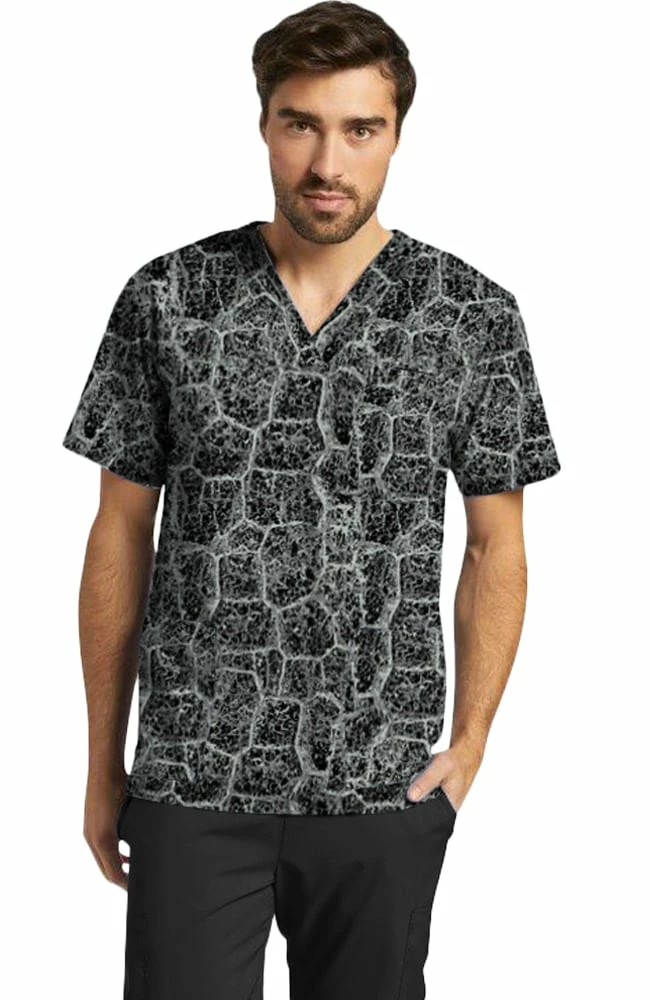 White Cross Clearance Men's River Stone Black Print Scrub Top