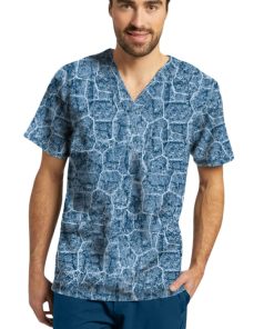 White Cross Clearance Men's River Stone Navy Print Scrub Top