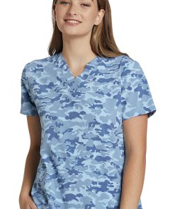 White Cross Clearance Women's Blue And Khaki Print Scrub Top