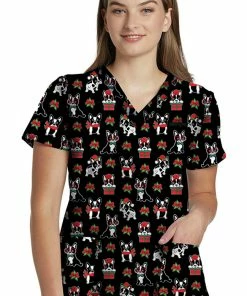 White Cross Clearance Women's Boston Holiday Print Scrub Top
